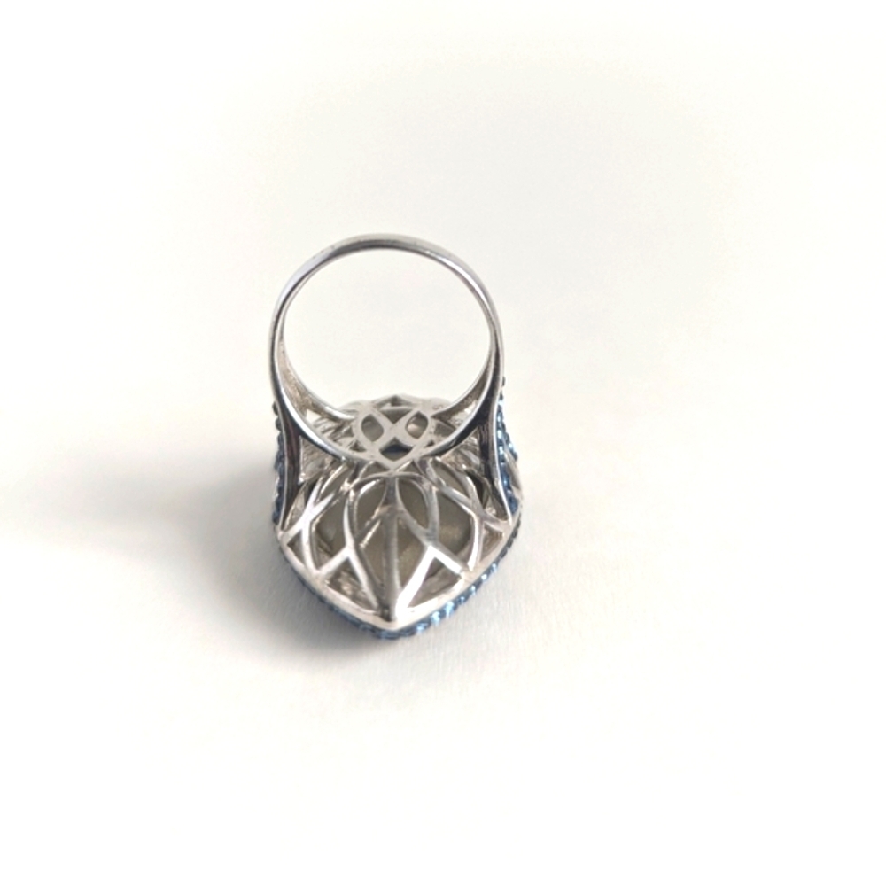 Blue Pear-Shape Facetted Glass Sterling Silver Pave Halo, Shoulders Ring sz9 - Picture 7 of 13